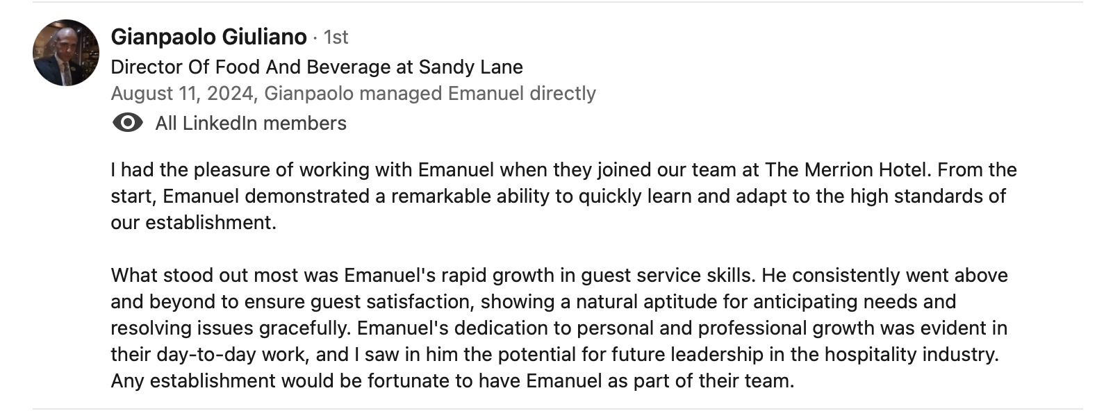 LinkedIn recommendation from colleague