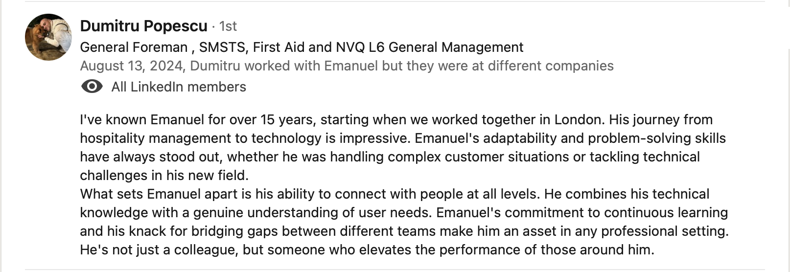LinkedIn recommendation from colleague