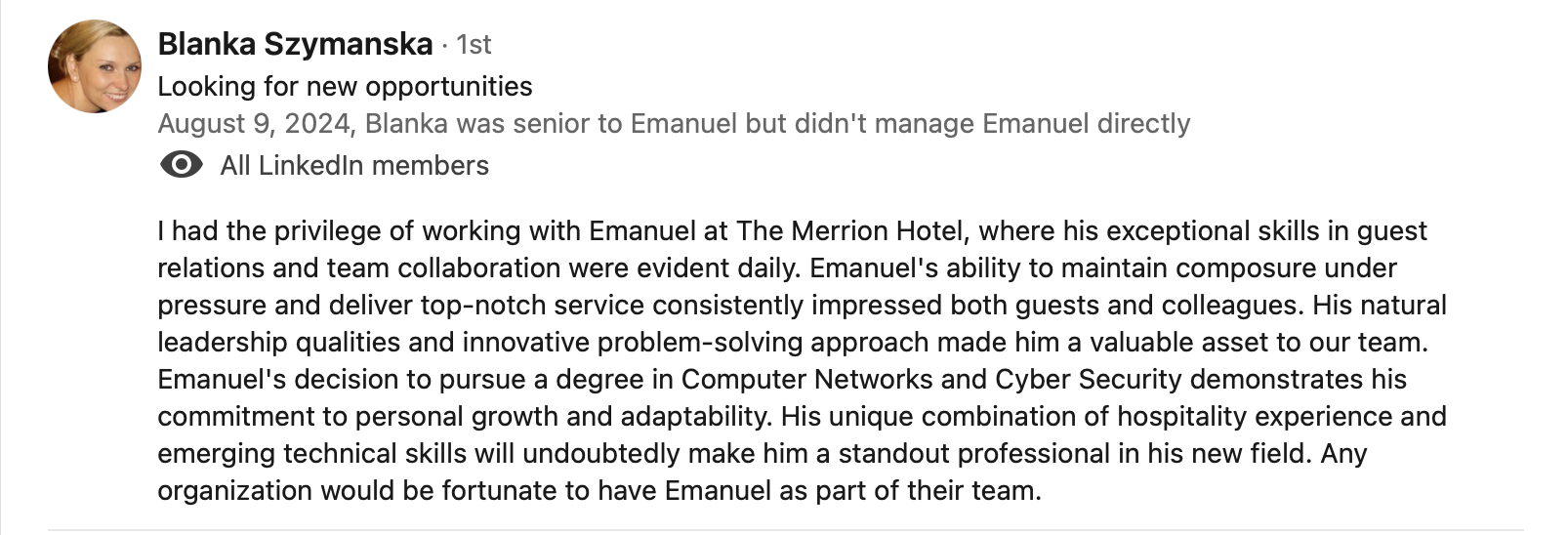 LinkedIn recommendation from colleague