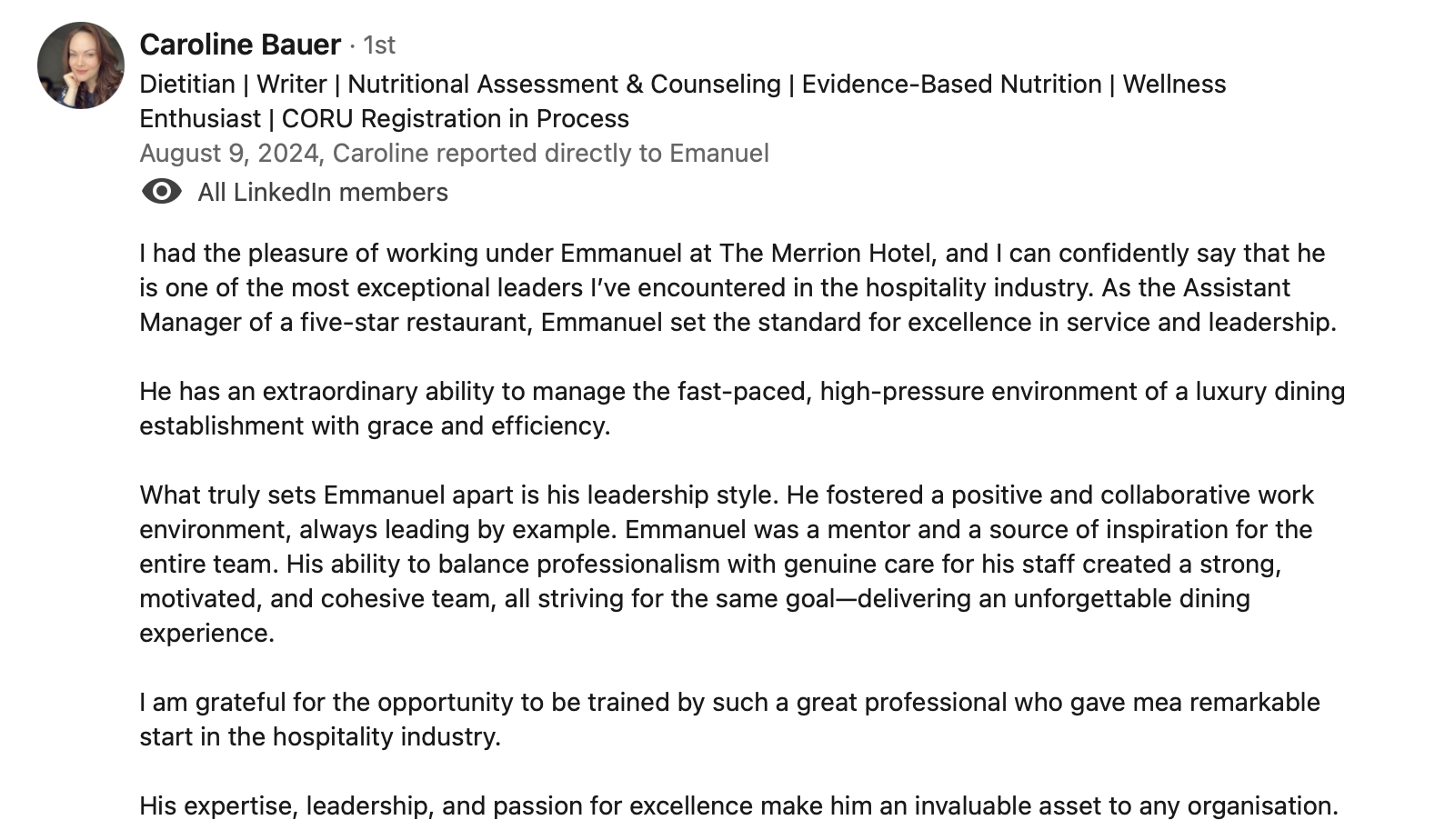 LinkedIn recommendation from colleague