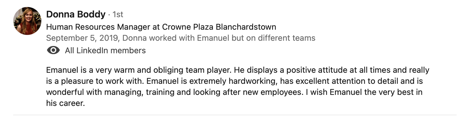 LinkedIn recommendation from colleague