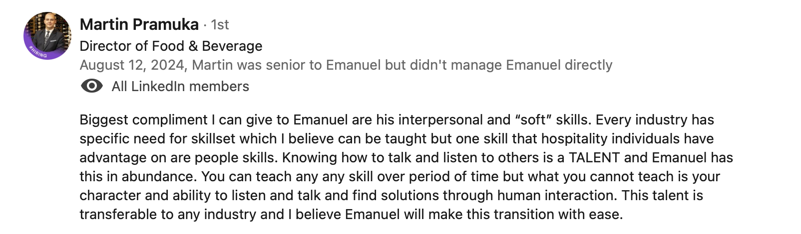 LinkedIn recommendation from colleague